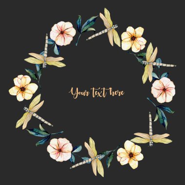 Çelenk, suluboya ihale yusufçuk, pembe çiçek ve yeşil yaprakları, yuvarlak çerçeve el karanlık bir arka plan üzerine boyalı