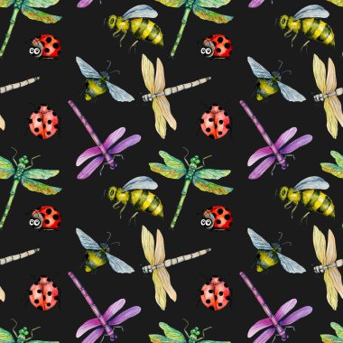 Karanlık bir arka plan üzerine suluboya renkli yusufçuk, arılar ve ladybugs el boyalı ile Seamless modeli