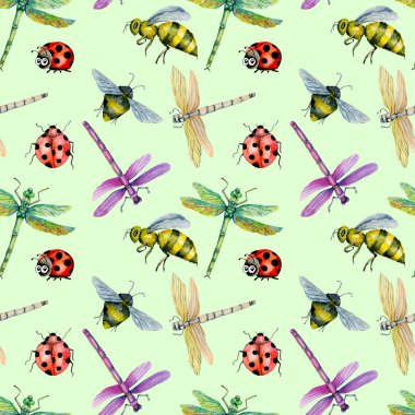 Yeşil bir arka plan üzerine suluboya renkli yusufçuk, arılar ve ladybugs el boyalı ile Seamless modeli