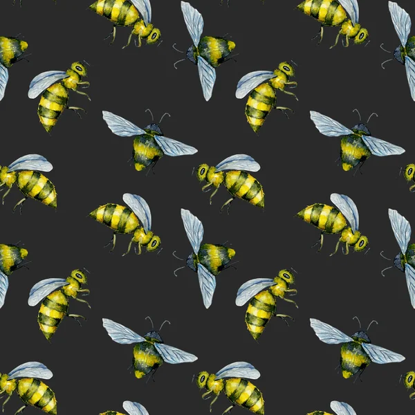 Seamless Pattern Watercolor Bees Hand Drawn Isolated Dark Background — Stock Photo, Image