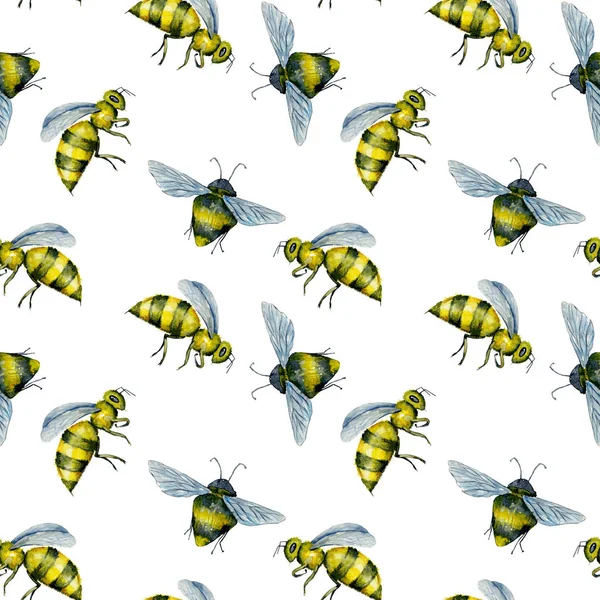 Seamless Pattern Watercolor Bees Hand Drawn Isolated White Background — Stock Photo, Image