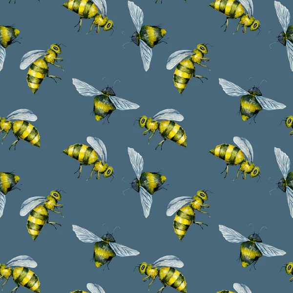 Seamless Pattern Watercolor Bees Hand Drawn Isolated Blue Background — Stock Photo, Image