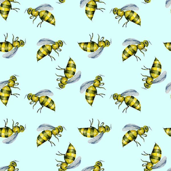 Seamless Pattern Watercolor Bees Hand Drawn Isolated Light Blue Background — Stock Photo, Image