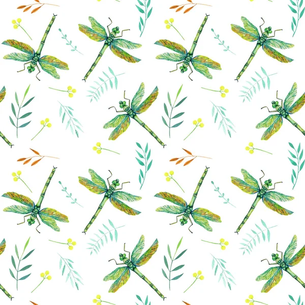 无缝图案与水彩绿色蜻蜓和树枝 手绘白色背景 — 图库照片