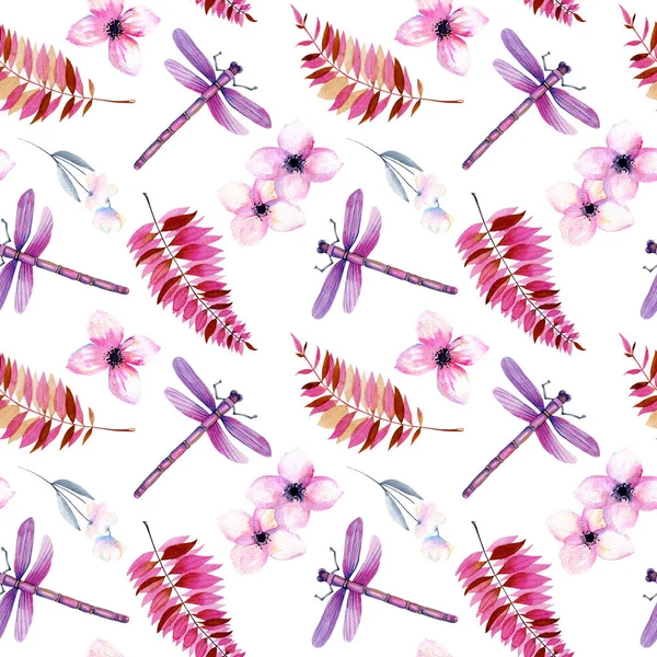 Nahtloses Muster Mit Aquarellierten Lila Libellen Rosa Blüten Und Zweigen — Stockfoto
