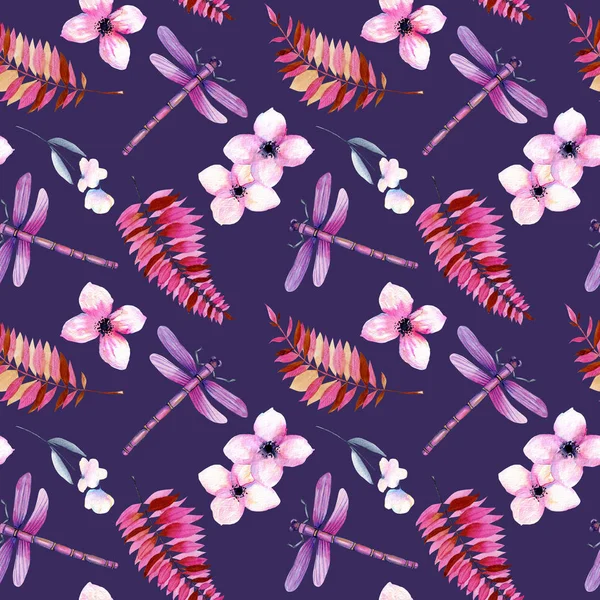 无缝图案与水彩紫色蜻蜓 粉红色的花朵和树枝 手绘在蓝色的背景 — 图库照片