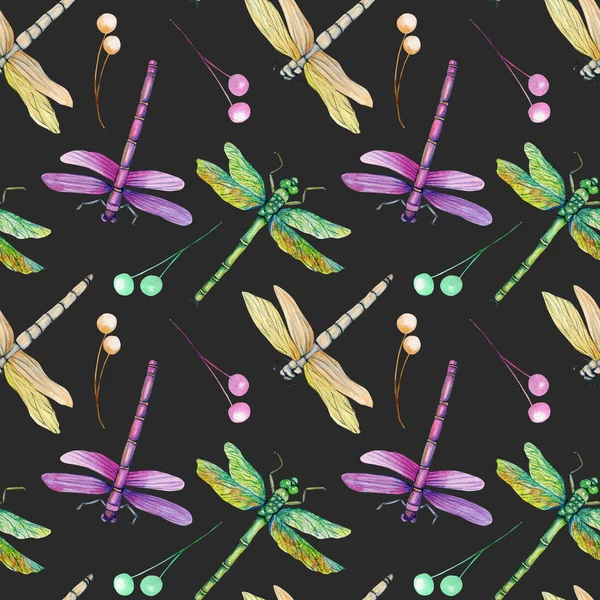 Seamless modeli ile sulu boya renkli yusufçuk, el boyalı karanlık bir arka plan üzerinde