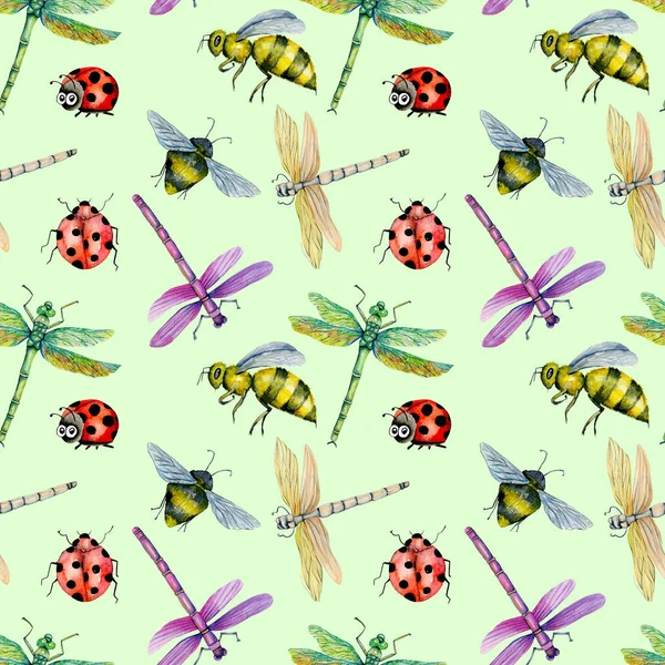 Wzór Akwarela Kolorowe Ważki Pszczoły Biedronki Ręcznie Malowane Zielonym Tle — Zdjęcie stockowe