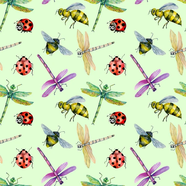 Modèle Sans Couture Avec Aquarelle Libellules Colorées Abeilles Coccinelles Peintes — Photo