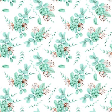 Sorunsuz çiçek desenli el Beyaz bir arka plan üzerinde çekilmiş pamuk çiçek ve okaliptüs dalları buketleri,