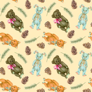 El boyaması yumuşak peluş oyuncaklar (tilki, tavşan ve ayı), çam kozalakları ve krem bir arka plan üzerinde dalları ile Seamless modeli