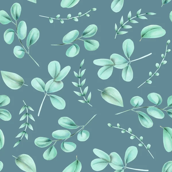 Seamless floral pattern with eucalyptus branches, hand drawn isolated on a blue background