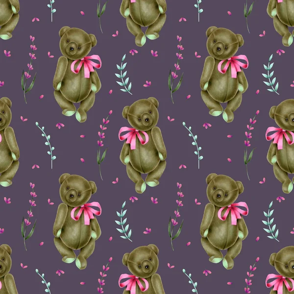 Nahtloses Muster Mit Handbemalten Plüsch Teddybären Und Lavendelblüten Auf Lila — Stockfoto