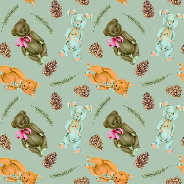 Seamless Pattern Hand Painted Soft Plush Toys Fox Rabbit Bear — Stock Photo, Image