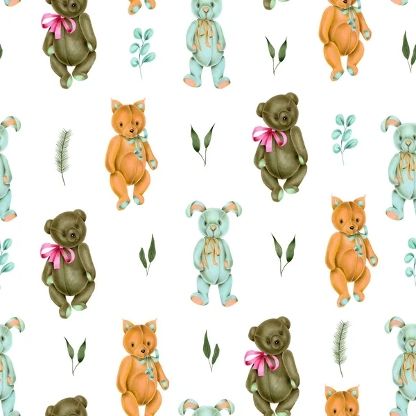 Seamless pattern with hand-painted soft plush toys (fox, rabbit and bear) and plants on a white background