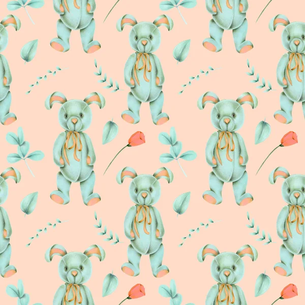 Бесшовный Рисунок Раскрашенным Вручную Мягким Плюшевым Кроликом Цветочными Элементами Розовом — стоковое фото