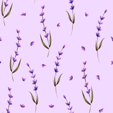 Lavanta çiçekleri ve yaprakları mor bir arka plan üzerinde el ile Seamless modeli boyalı
