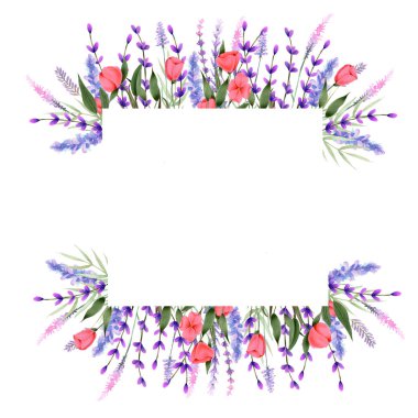 Beyaz bir arka plan üzerinde çerçeve kenarlığı suluboya kır çiçekleri ve lavanta, el ile boyalı