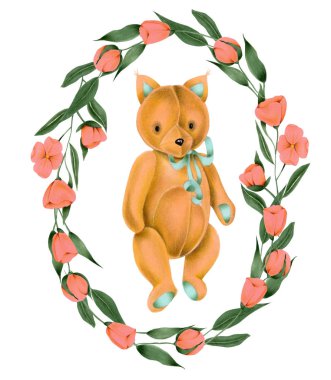 El boyaması yumuşak peluş oyuncak tilki ve beyaz zemin üzerine pembe çiçek çelenk