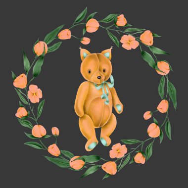 El boyaması yumuşak peluş oyuncak tilki ve karanlık bir arka plan üzerinde pembe çiçek çelenk