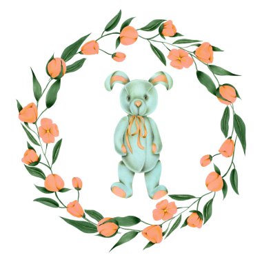 El boyaması yumuşak peluş oyuncak tavşan ve beyaz zemin üzerine pembe çiçek çelenk