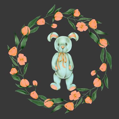El boyaması yumuşak peluş oyuncak tavşan ve karanlık bir arka plan üzerinde pembe çiçek çelenk