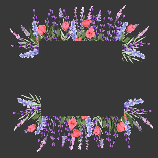 Hranice Rámečku Akvarel Lučních Květin Levandule Ručně Malované Tmavém Pozadí — Stock fotografie