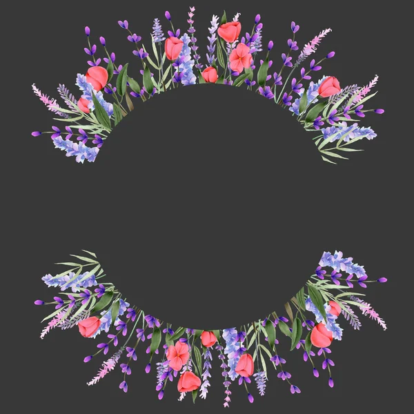 圆形框架边框与水彩粉红色野花和薰衣草 手绘在黑暗的背景上 — 图库照片