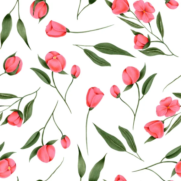 Seamless Pattern Hand Painted Crimson Flowers White Background — Stock Photo, Image