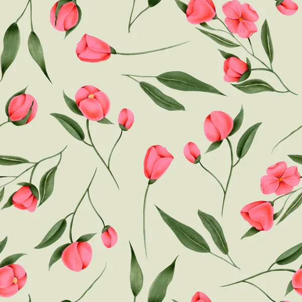 Seamless Pattern Hand Painted Crimson Flowers Grey Background — Stock Photo, Image