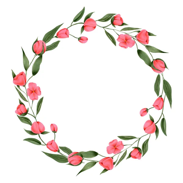 Beyaz Bir Arka Plan Üzerinde Çelenk Boyalı Koyu Kırmızı Çiçekler — Stok fotoğraf
