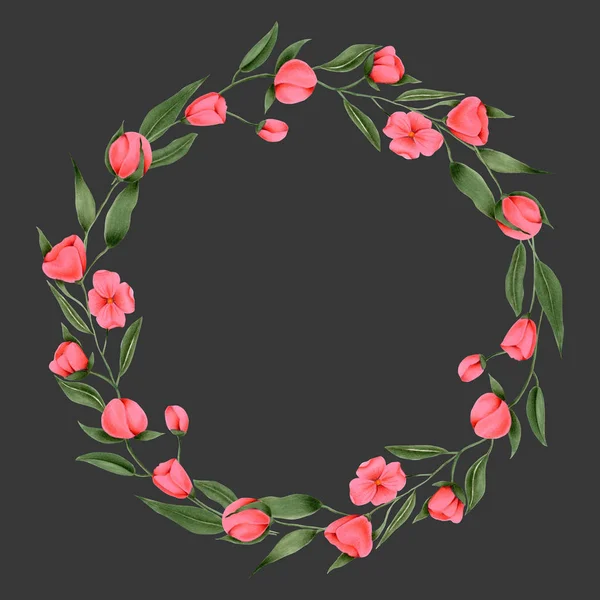 Wreath of hand painted crimson flowers, greeting card template, hand painted on a dark background