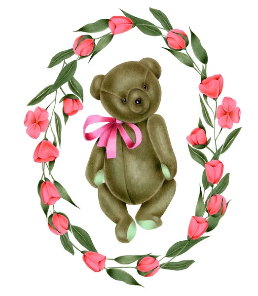 Věnec Ručně Malovanými Měkká Plyšová Hračka Medvídek Růžové Květy Bílém — Stock fotografie