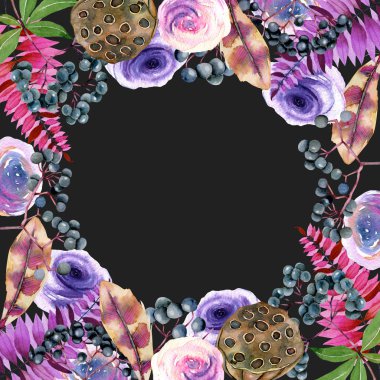 Kartı suluboya tüyler, gül, çilek ve lotus kutuları ile tempate, el boyalı bir koyu arka plan, tatil kartı tasarım, dekorasyon kartpostal, düğün davetiyesi