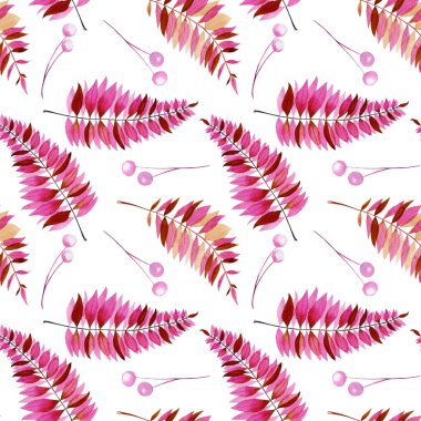 Seamless pattern with watercolor purple and pink fern branches, hand painted on a white background clipart