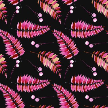 Dikişsiz desen suluboya mor ve pembe fern dalları ile el boyalı karanlık bir arka plan üzerinde