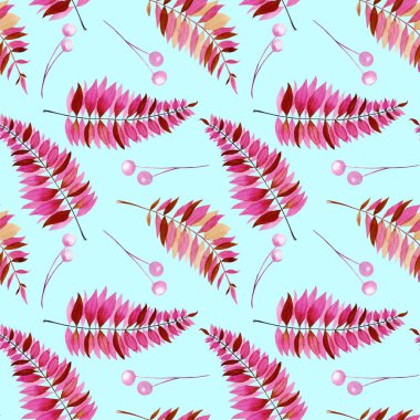 Seamless pattern with watercolor purple and pink fern branches, hand painted on a turquoise background clipart