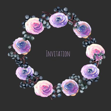 Çelenk, çerçeve kenarlığı suluboya pembe, Mor gül ve mürver dalları, el boyalı bir koyu arka plan, tebrik kartı şablonu, dekorasyon kartpostal, düğün davetiyesi
