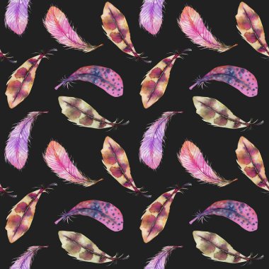 Seamless modeli ile suluboya pembe, mor ve kahverengi tüyleri, karanlık bir arka plan üzerine boyalı el
