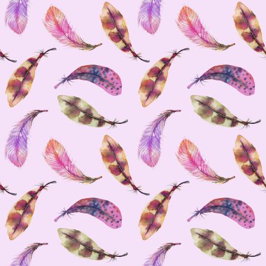 Seamless modeli ile suluboya pembe, mor ve kahverengi tüyleri, üzerinde bir açık mor renkli boyalı el