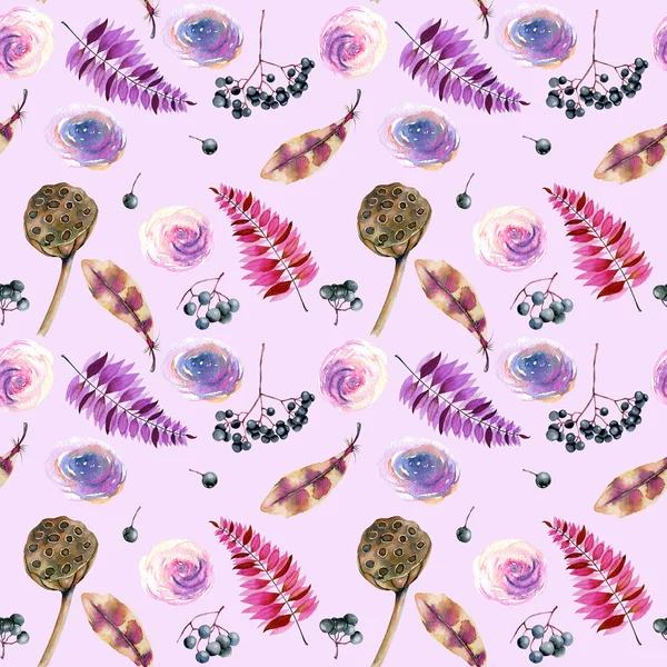 无缝图案与水彩羽毛 浆果和莲花盒 手绘在浅紫色背景 — 图库照片