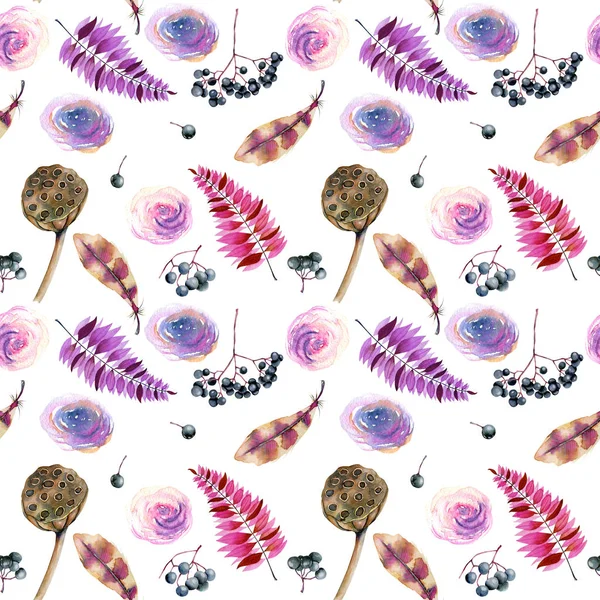 Seamless Pattern Watercolor Feathers Roses Berries Lotus Boxes Hand Painted — Stock Photo, Image