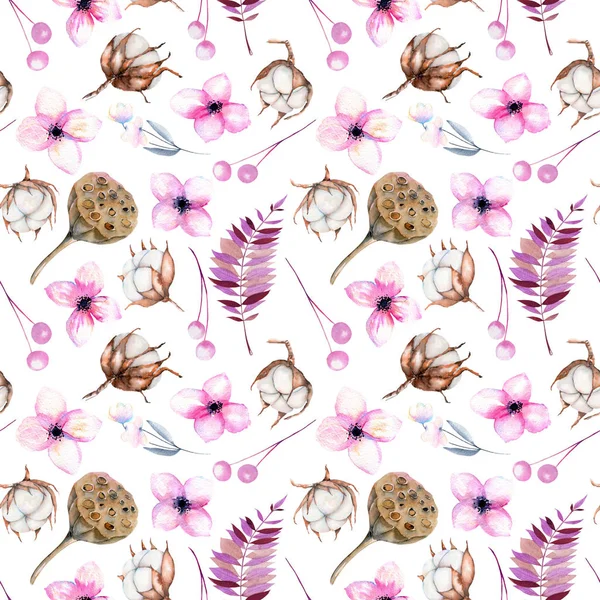 Nahtloses Muster Mit Aquarell Baumwollblumen Rosa Blümchen Und Lotusschachteln Handgemalt — Stockfoto