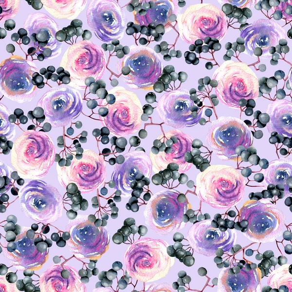 水彩粉红色 紫色玫瑰和接骨木莓分枝无缝图案 手绘的灰色背景 — 图库照片