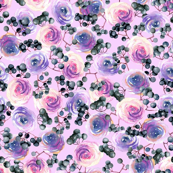 Acuarela Rosa Rosas Púrpura Ramas Saúco Patrón Sin Costuras Pintado —  Fotos de Stock