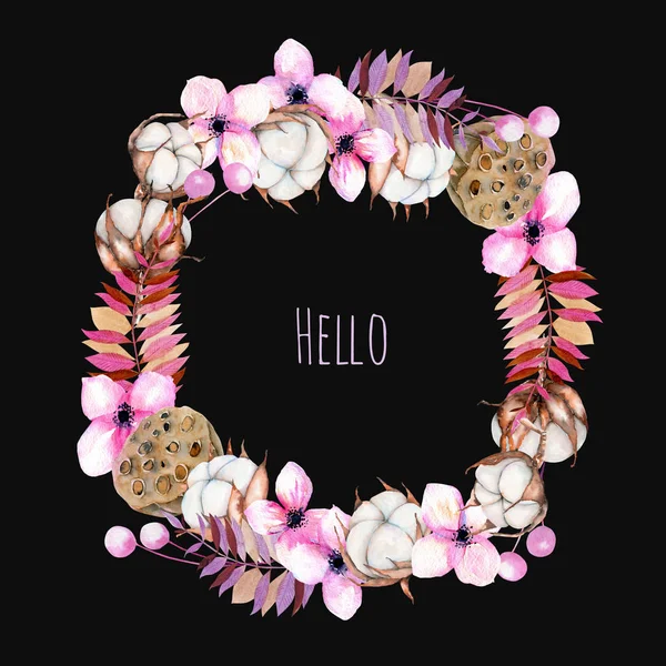 Wreath, frame border with watercolor cotton flowers, pink florals and lotus boxes, hand painted on a dark background