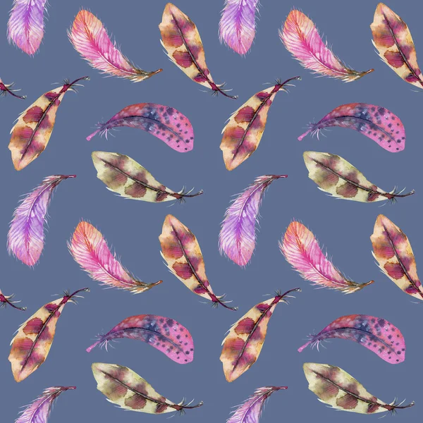Seamless Pattern Watercolor Pink Purple Brown Feathers Hand Painted Blue — Stock Photo, Image