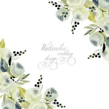 Kartı ile sulu boya beyaz gül tempate, el boyalı bir beyaz arka plan, düğün kartları tasarımı, dekorasyon kartpostal, düğün davetiyesi