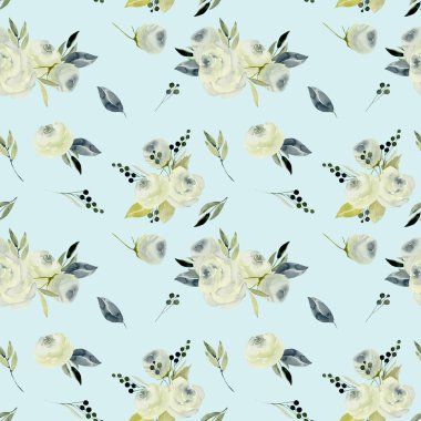 Sulu boya beyaz gül buketleri seamles desen, el boyalı karanlık bir arka plan üzerinde