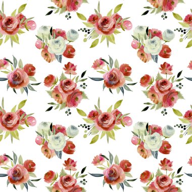 Suluboya Bordo ve beyaz gül buketleri seamles desen, el boyalı beyaz bir arka plan üzerinde